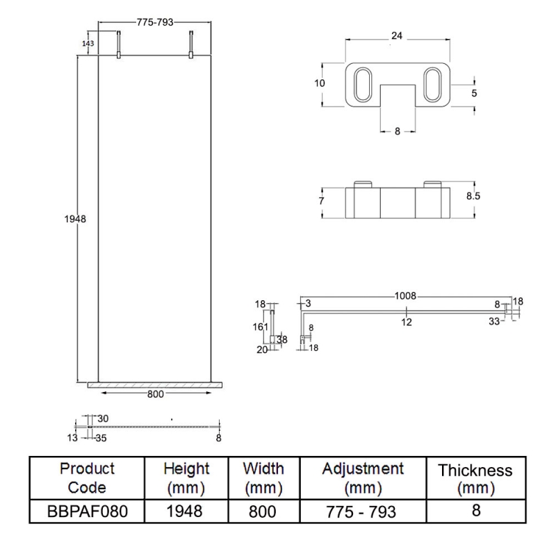 Hudson Reed Wet Room Screen with Brass Support Arms and Feet 800mm Wide - 8mm Glass