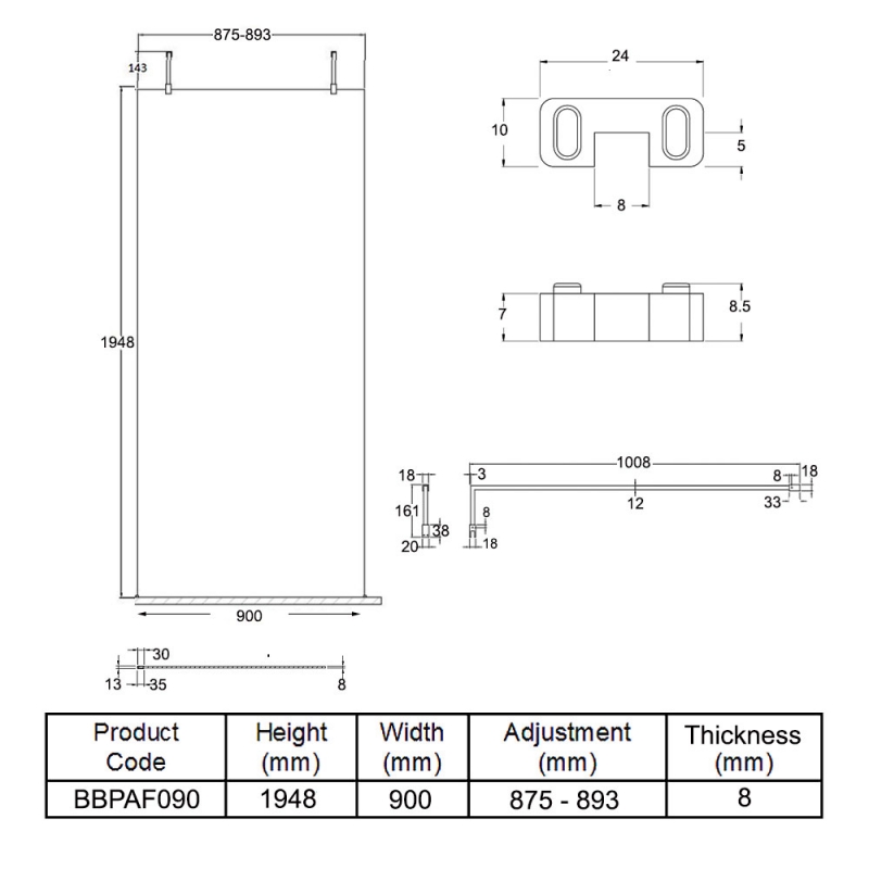 Hudson Reed Wet Room Screen with Brass Support Arms and Feet 900mm Wide - 8mm Glass