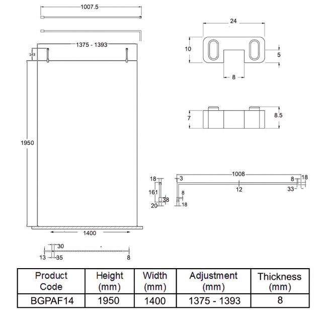 Hudson Reed Wet Room Screen with Support Arms and Feet 1400mm Wide - 8mm Glass