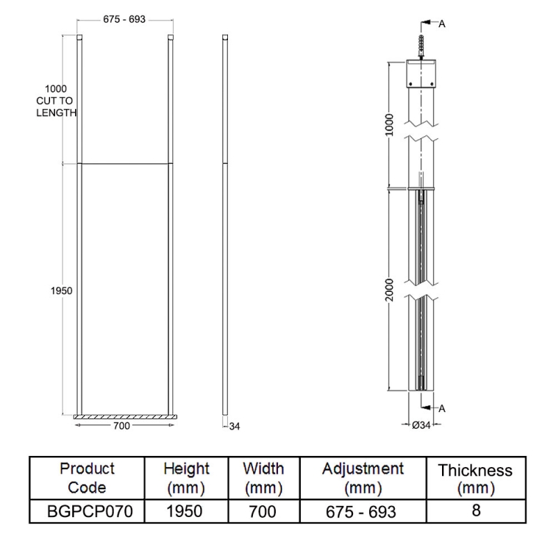 Hudson Reed Wet Room Screen with Ceiling Post 700mm Wide - 8mm Glass