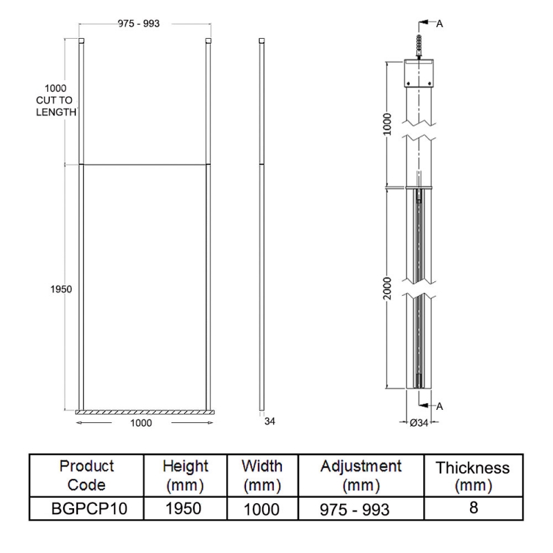Hudson Reed Wet Room Screen with Ceiling Post 1000mm Wide - 8mm Glass