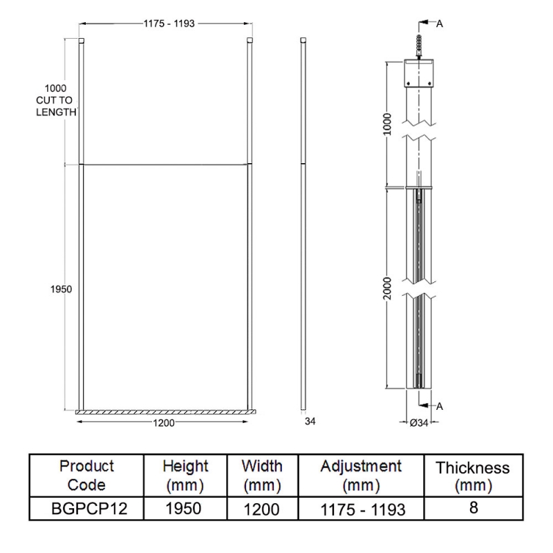 Hudson Reed Wet Room Screen with Ceiling Post 1200mm Wide - 8mm Glass