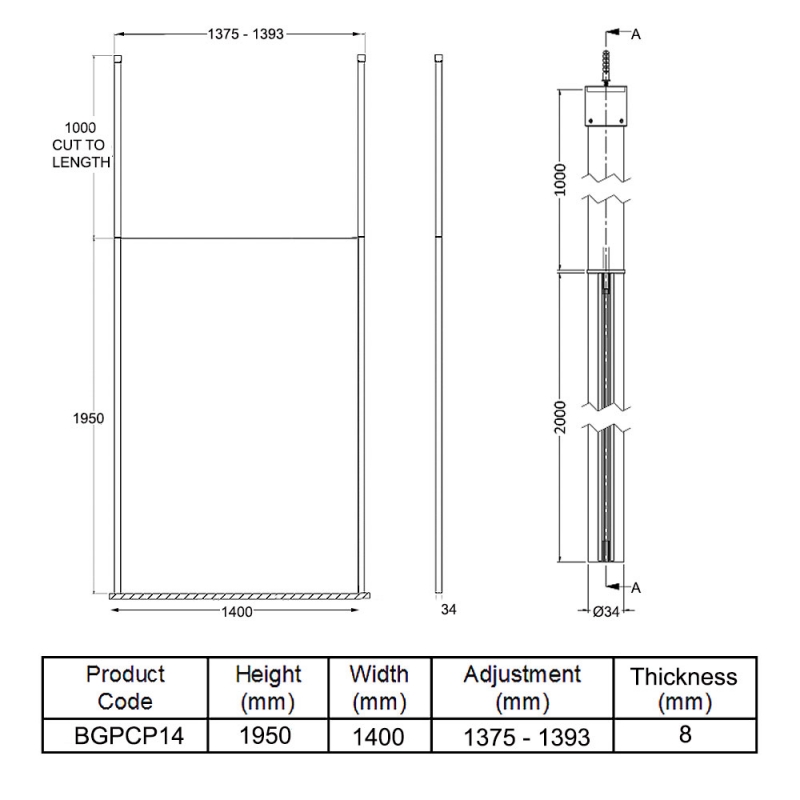Hudson Reed Wet Room Screen with Ceiling Post 1400mm Wide - 8mm Glass