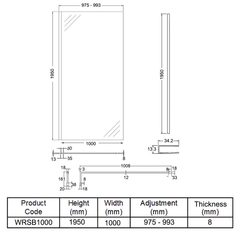 Hudson Reed Wet Room Screen with Support Bar 1000mm Wide - 8mm Glass