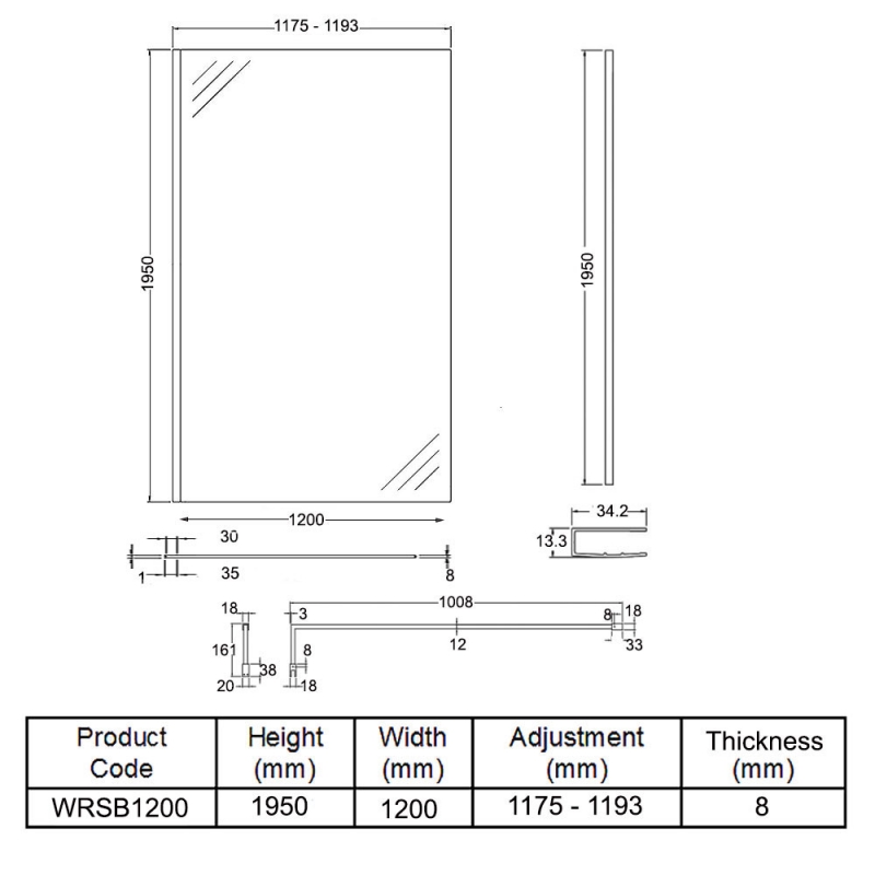 Hudson Reed Wet Room Screen with Support Bar 1200mm Wide - 8mm Glass