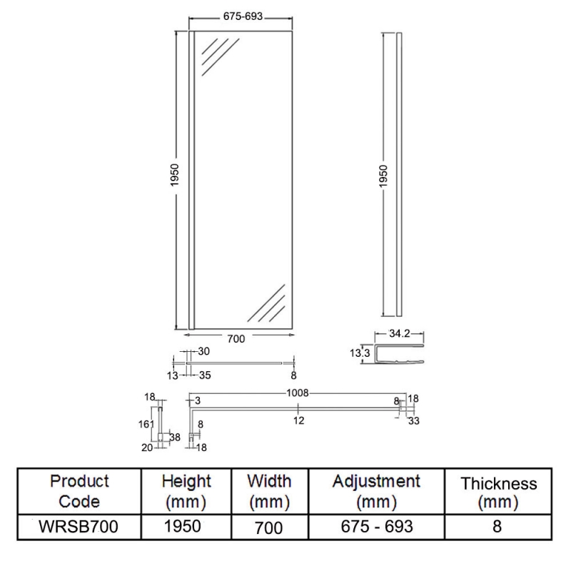 Hudson Reed Wet Room Screen with Support Bar 700mm Wide - 8mm Glass