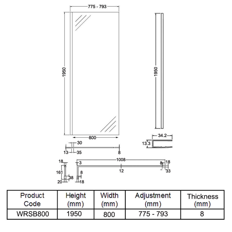 Hudson Reed Wet Room Screen with Support Bar 800mm Wide - 8mm Glass