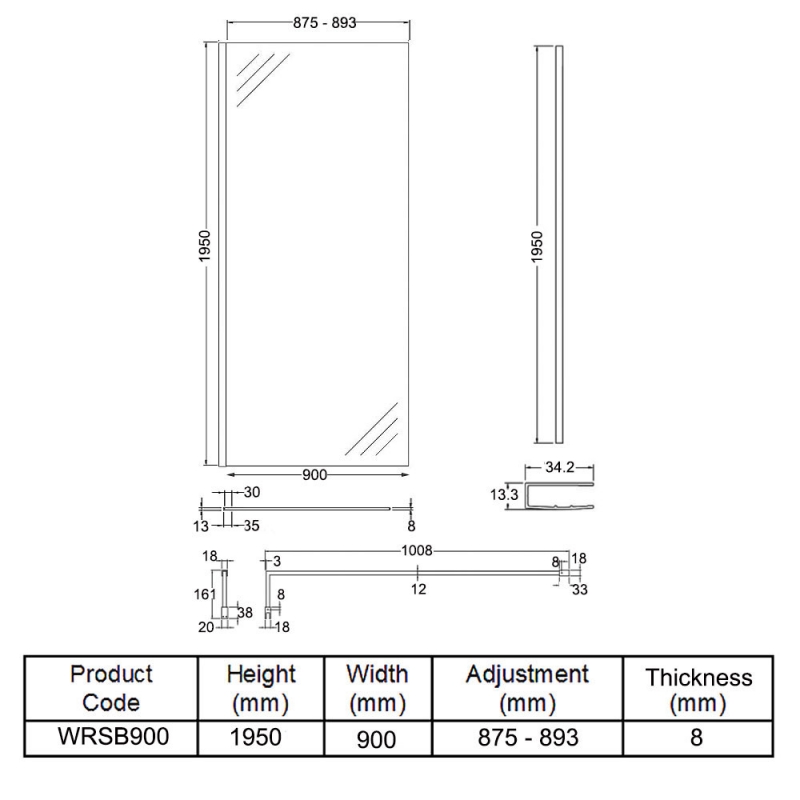 Hudson Reed Wet Room Screen with Support Bar 900mm Wide - 8mm Glass