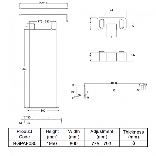 Hudson Reed Wet Room Screen with Support Arms and Feet 800mm Wide - 8mm Glass  | Dimension Image