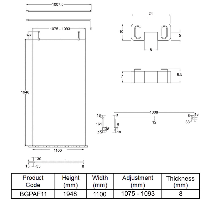 Hudson Reed Wet Room Screen with Support Arms and Feet 1100mm Wide - 8mm Glass