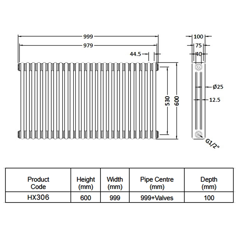 Hudson Reed Colosseum 3-Column Horizontal Radiator 600mm H x 999mm W - White