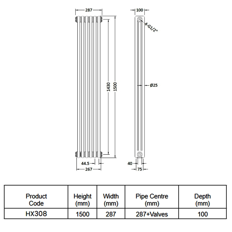 Hudson Reed Colosseum 3-Column Vertical Radiator 1500mm H x 287mm W - White
