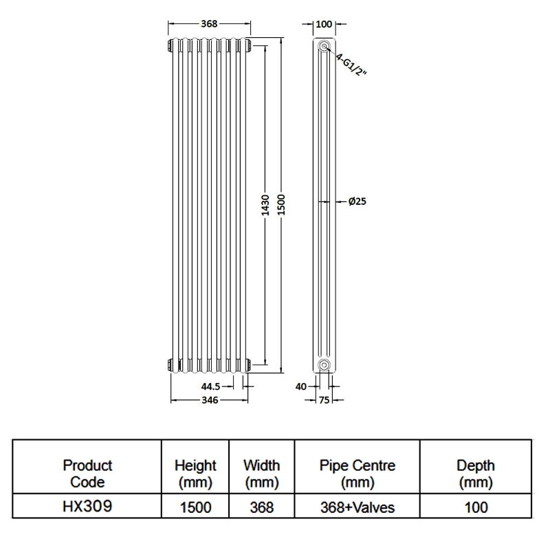 Hudson Reed Colosseum 3-Column Vertical Radiator 1500mm H x 368mm W - White