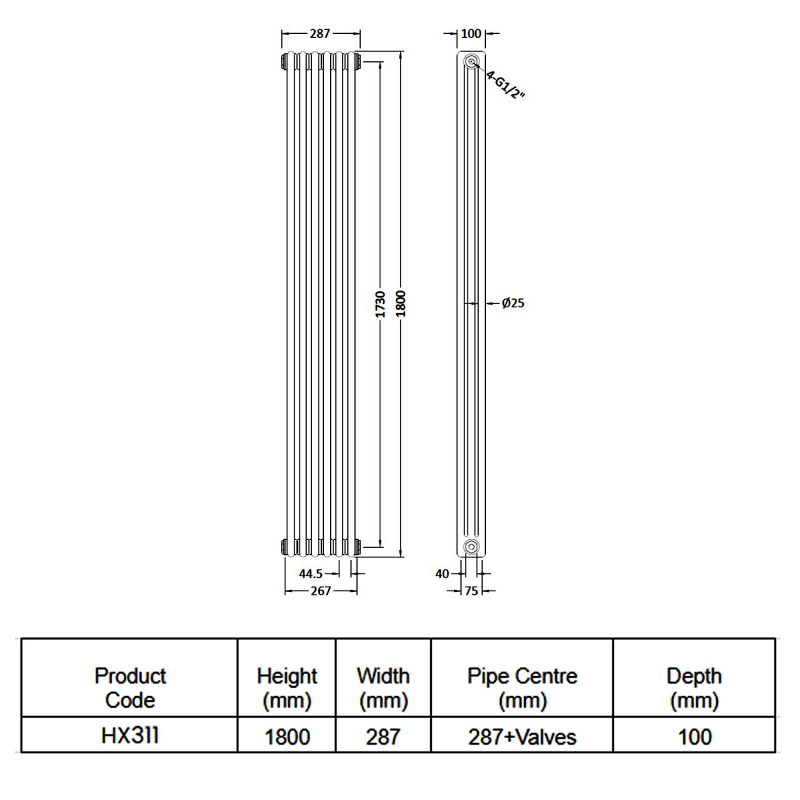 Hudson Reed Colosseum 3-Column Vertical Radiator 1800mm H x 287mm W - White