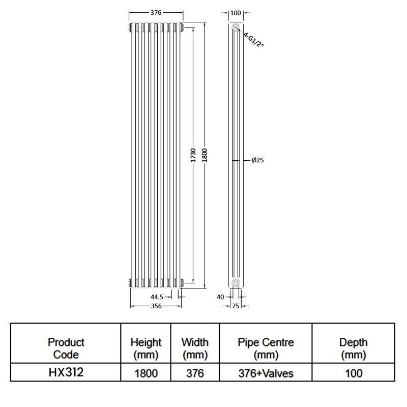 Hudson Reed Colosseum 3-Column Vertical Radiator 1800mm H x 376mm W - White