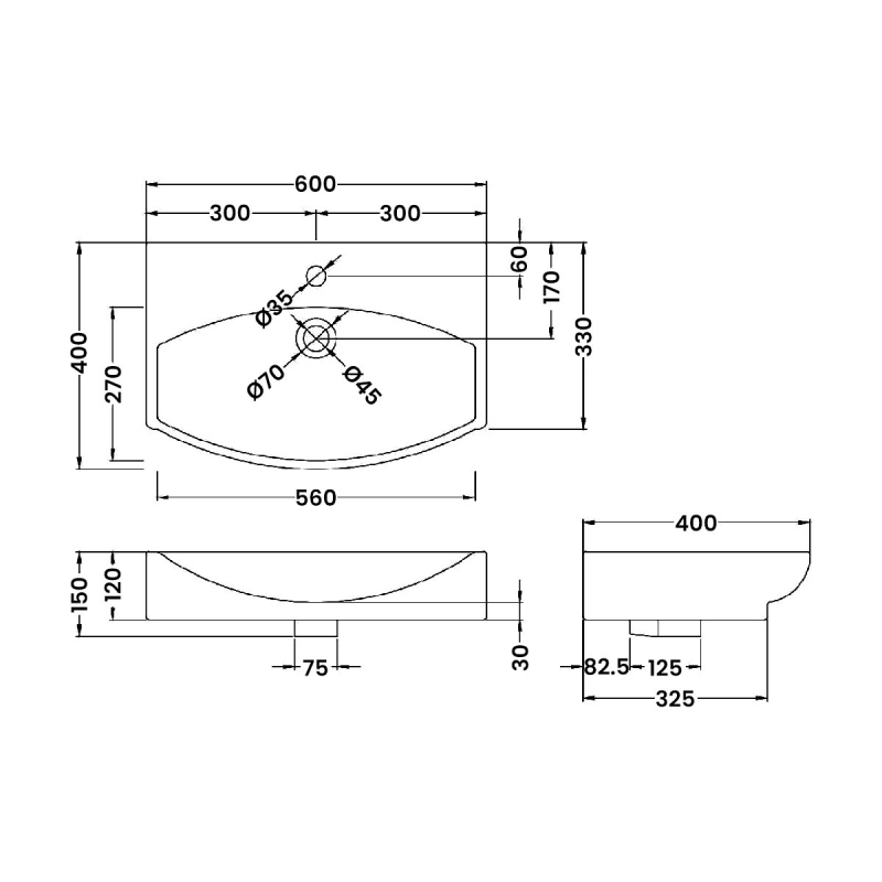 Hudson Reed Vessel Sit-On Countertop Basin 600mm Wide - 1 Tap Hole