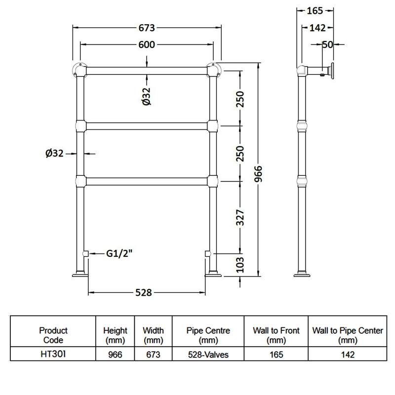 Hudson Reed Countess Traditional Heated Towel Rail 966mm H x 673mm W - Chrome