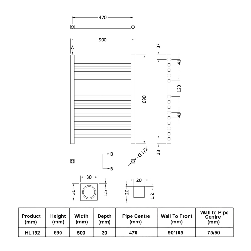 Hudson Reed Square Bar Electric Towel Rail 690mm H x 500mm W - Anthracite