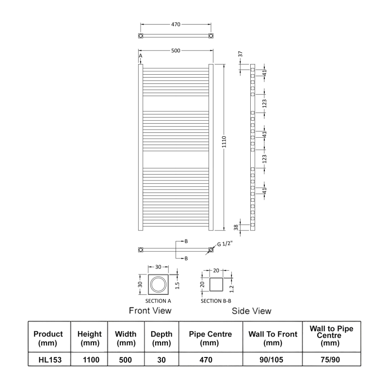 Hudson Reed Square Bar Electric Towel Rail 1100mm H x 500mm W - Anthracite
