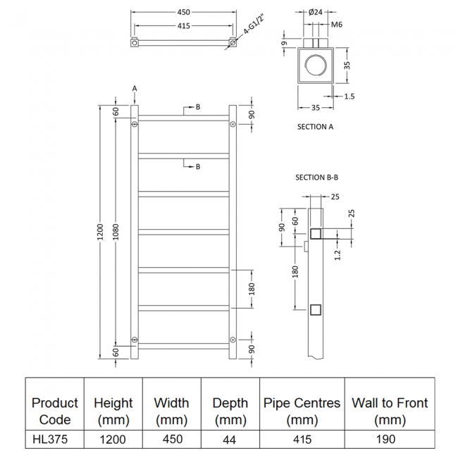 Hudson Reed Eton Heated Towel Rail 1200mm H x 450mm W - Chrome