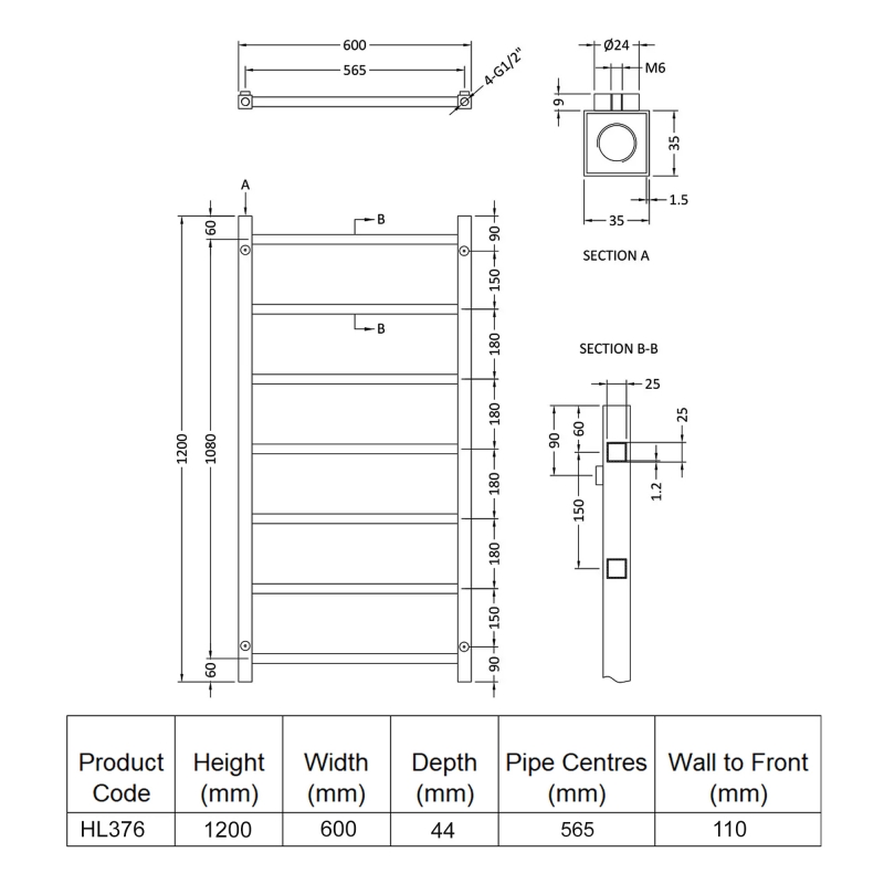 Hudson Reed Eton Heated Towel Rail 1200mm H x 600mm W - Chrome