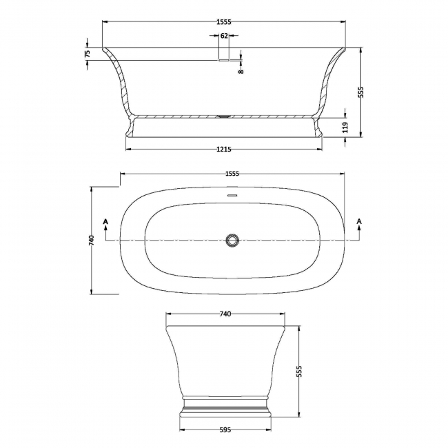 Hudson Reed Farringdon Solid Surface Freestanding Bath 1555mm x 740mm - Matt White