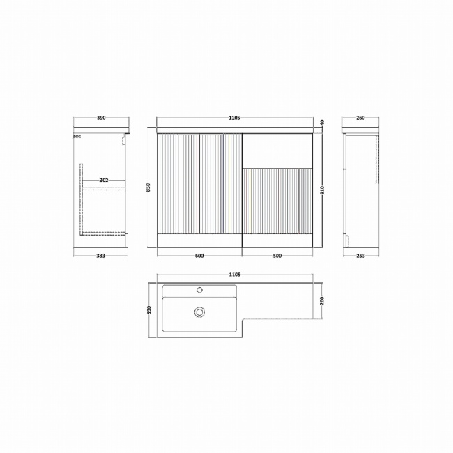Hudson Reed Fluted 1100mm Combination Vanity Basin and Toilet Unit  | Dimension Image
