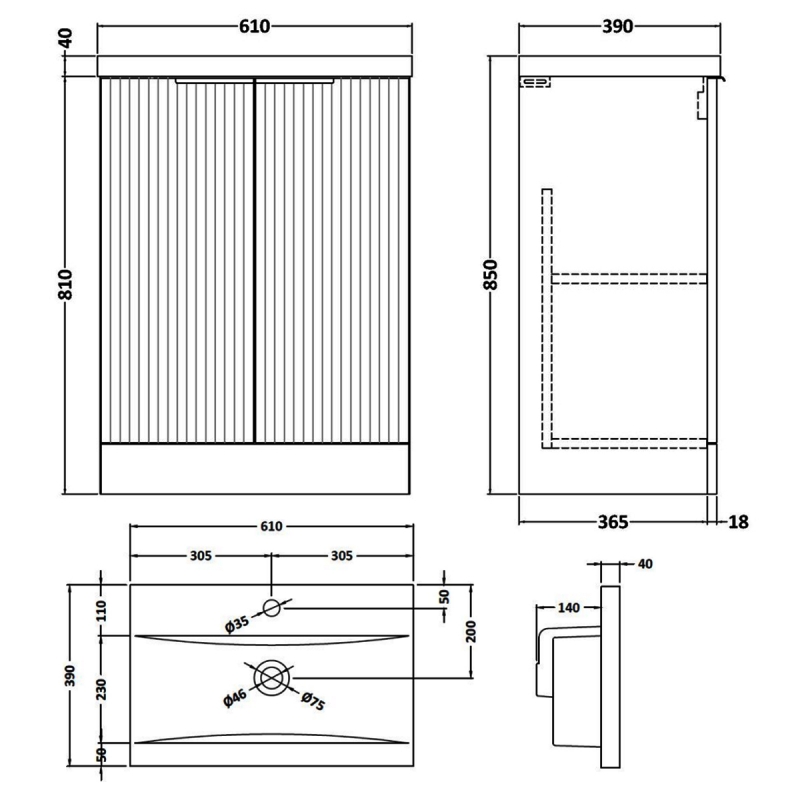 Hudson Reed Fluted Floor Standing 2-Door Vanity Unit with Basin 1 600mm Wide - Satin Green