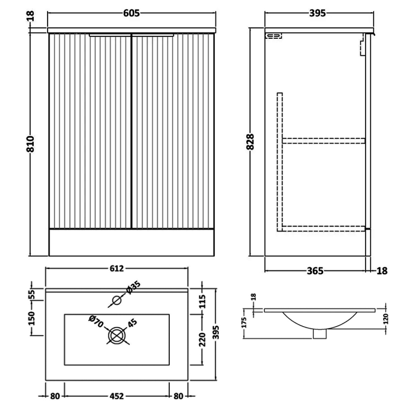 Hudson Reed Fluted Floor Standing 2-Door Vanity Unit with Basin 2 600mm Wide - Satin Green