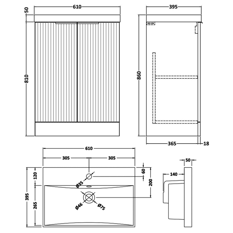 Hudson Reed Fluted Floor Standing 2-Door Vanity Unit with Basin 3 600mm Wide - Satin White