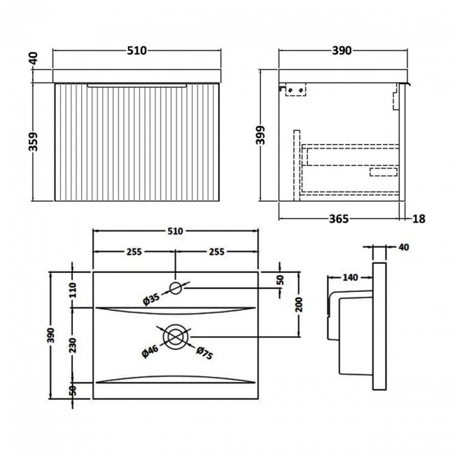 Hudson Reed Fluted Wall Hung 1-Drawer Vanity Unit with Basin 1 500mm Wide - Satin Blue