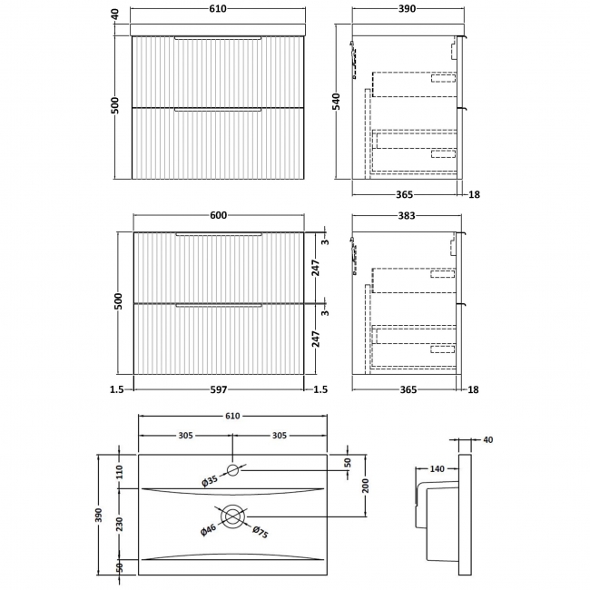 Hudson Reed Fluted Wall Hung 2-Drawer Vanity Unit with Basin 1 600mm Wide - Satin Grey