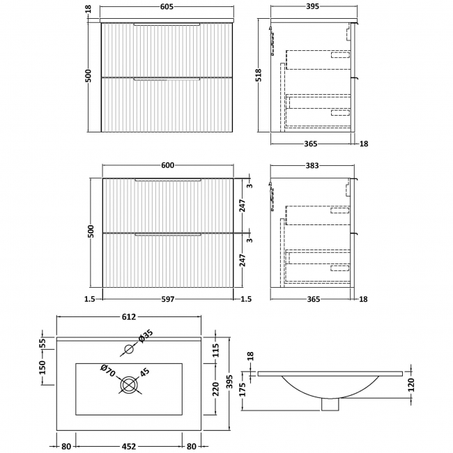 Hudson Reed Fluted Wall Hung 2-Drawer Vanity Unit with Basin 2 600mm Wide - Satin Blue