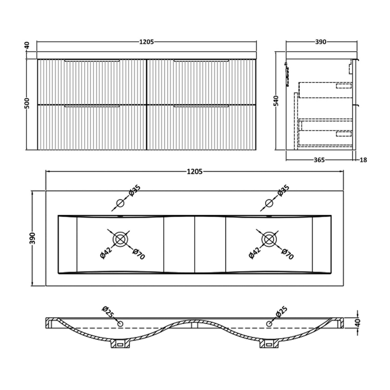 Hudson Reed Fluted Wall Hung 4-Drawer Vanity Unit with Double Ceramic Basin 1200mm Wide - Satin Green