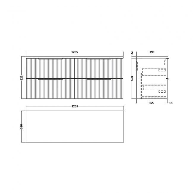 Hudson Reed Fluted Wall Hung 4-Drawer Vanity Unit with Bellato Grey Worktop 1200mm Wide - Satin Green  | Dimension Image