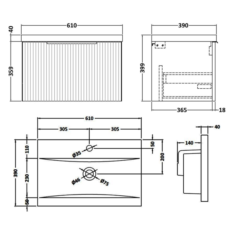 Hudson Reed Fluted Wall Hung 1-Drawer Vanity Unit with Basin 1 600mm Wide - Satin Grey