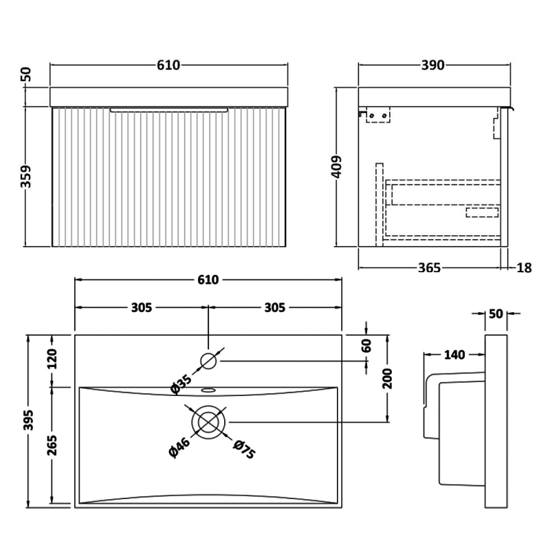 Hudson Reed Fluted Wall Hung 1-Drawer Vanity Unit with Basin 3 600mm Wide - Satin Green