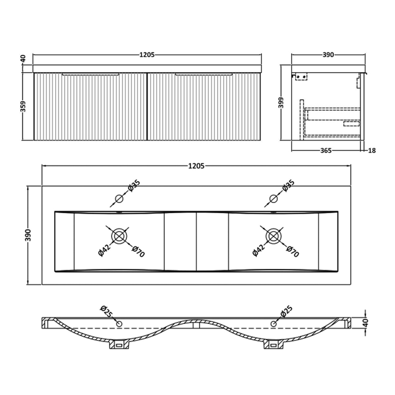 Hudson Reed Fluted Wall Hung 2-Drawer Vanity Unit with Double Ceramic Basin 1200mm Wide - Satin Blue