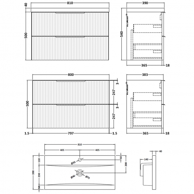Hudson Reed Fluted Wall Hung 2-Drawer Vanity Unit with Basin 1 800mm Wide - Satin Blue