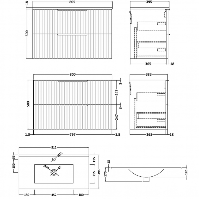 Hudson Reed Fluted Wall Hung 2-Drawer Vanity Unit with Basin 2 800mm Wide - Satin Anthracite