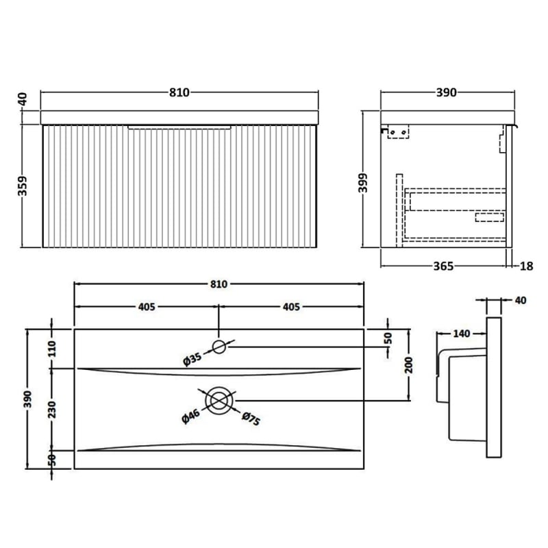 Hudson Reed Fluted Wall Hung 1-Drawer Vanity Unit with Basin 1 800mm Wide - Satin Anthracite