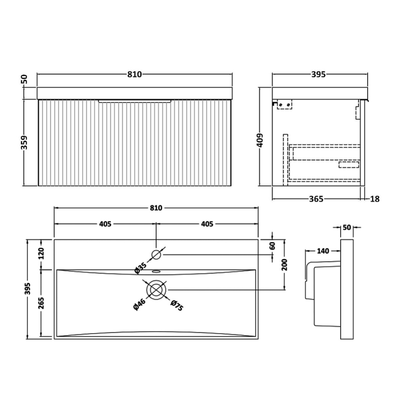 Hudson Reed Fluted Wall Hung 1-Drawer Vanity Unit with Basin 3 800mm Wide - Satin Green