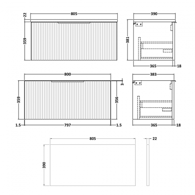 Hudson Reed Fluted Wall Hung 1-Drawer Vanity with Carrera Marble Worktop 800mm Wide - Satin Green  | Dimension Image