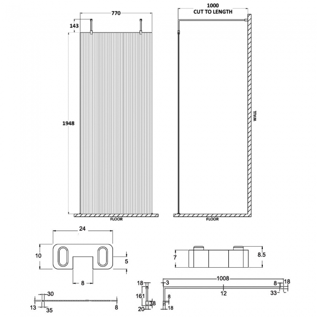 Hudson Reed Fluted Wet Room Screen with Support Arm and Feet 800mm Wide - 8mm Glass
