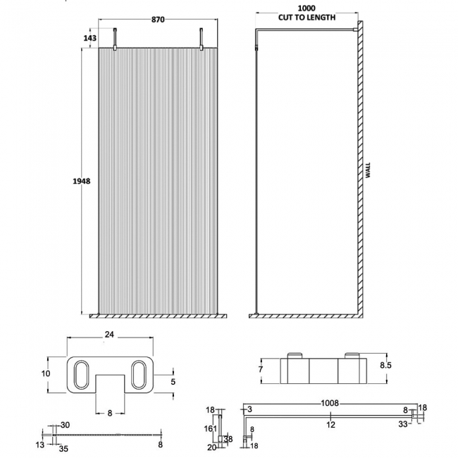 Hudson Reed Fluted Wet Room Screen with Brushed Brass Support Arm and Feet 900mm Wide - 8mm Glass