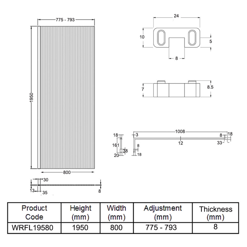 Hudson Reed Fluted Polished Chrome Profile Wet Room Screen with Support Bar 800mm Wide - 8mm Glass