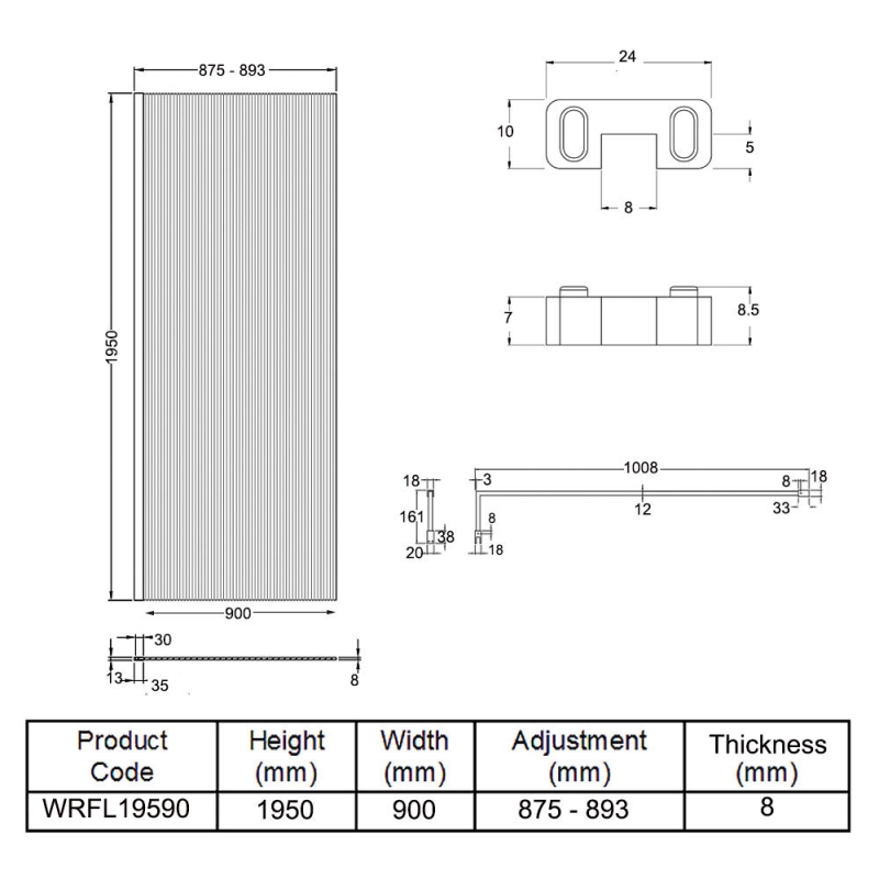 Hudson Reed Fluted Polished Chrome Profile Wet Room Screen with Support Bar 900mm Wide - 8mm Glass