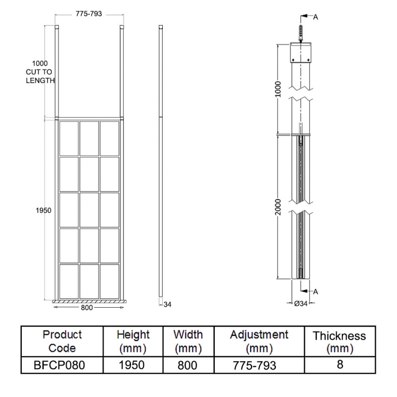 Hudson Reed Frame Effect Wet Room Screen with Ceiling Post 800mm Wide - 8mm Glass