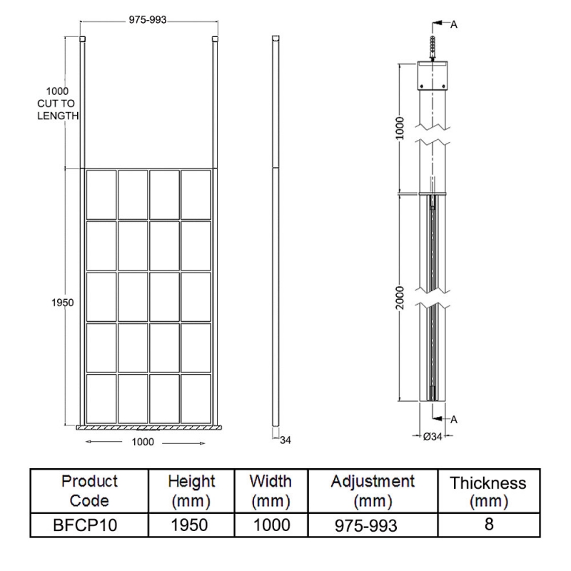 Hudson Reed Frame Effect Wet Room Screen with Ceiling Post 1000mm Wide - 8mm Glass