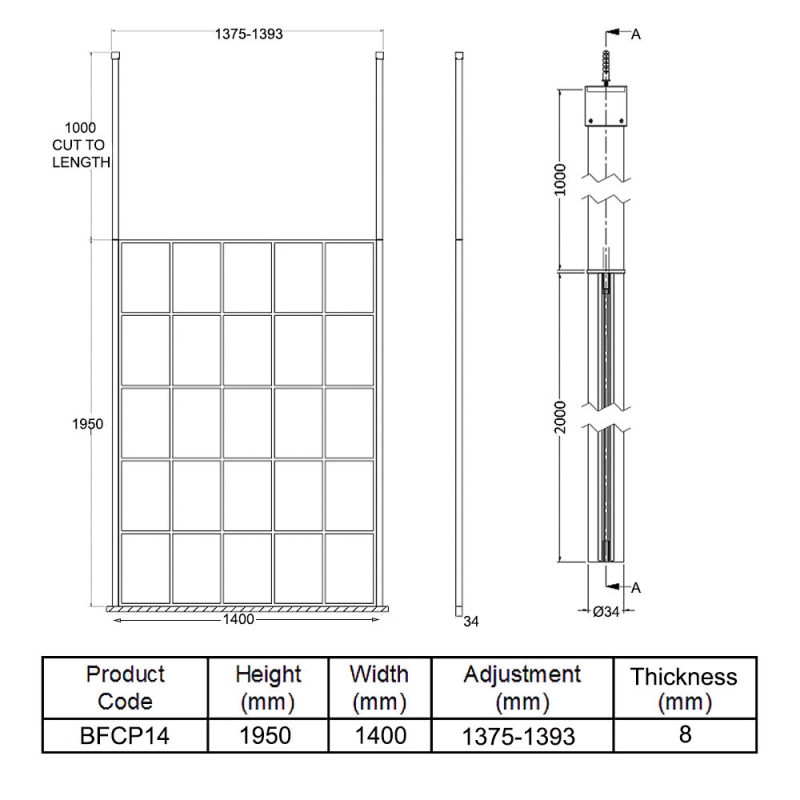 Hudson Reed Frame Effect Wet Room Screen with Ceiling Post 1400mm Wide - 8mm Glass